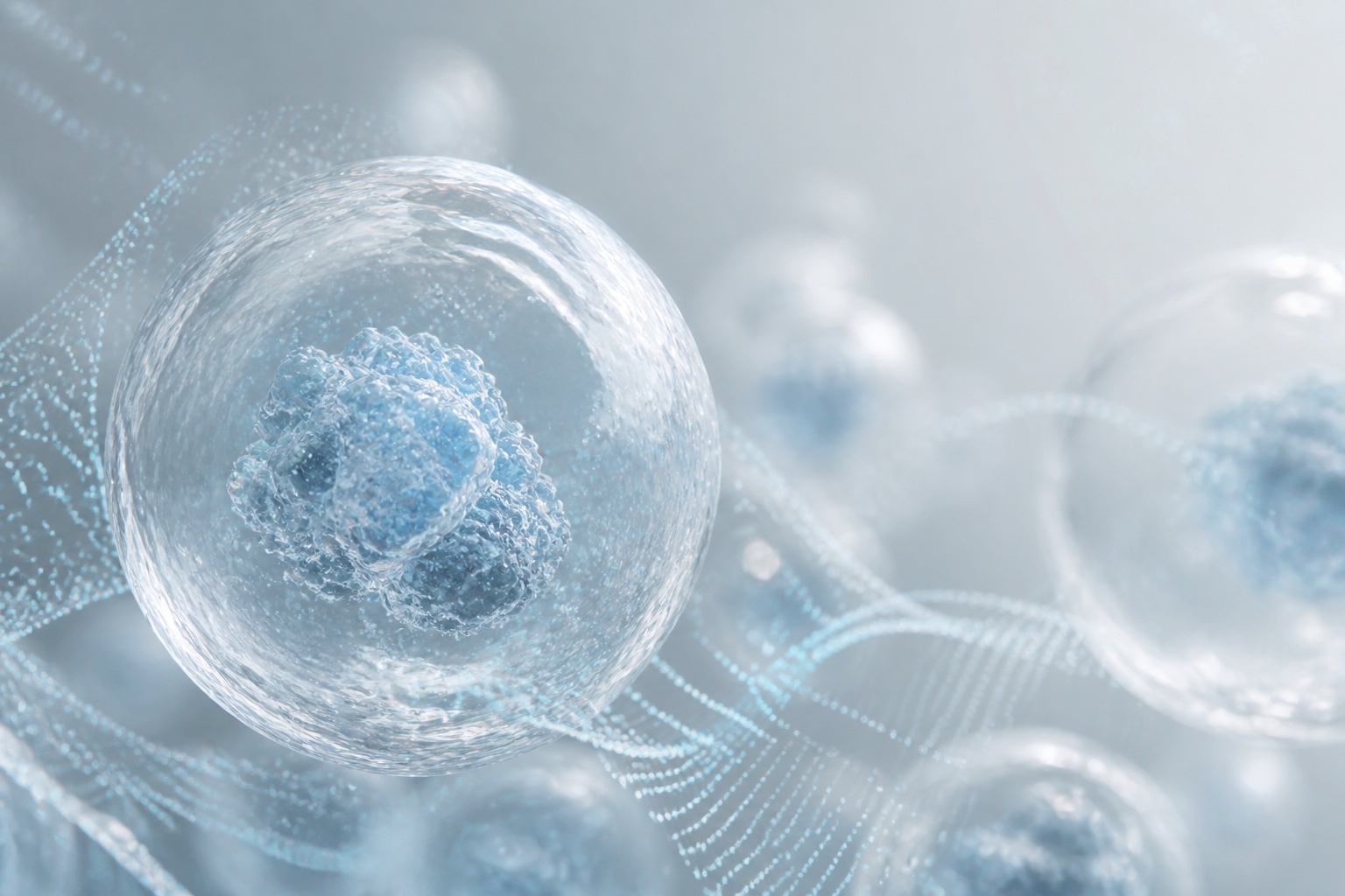Abstract cellular and molecular forms representing AI signals in life sciences