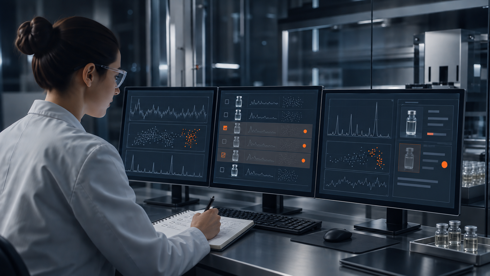 A quality professional reviews AI-screened analytical data