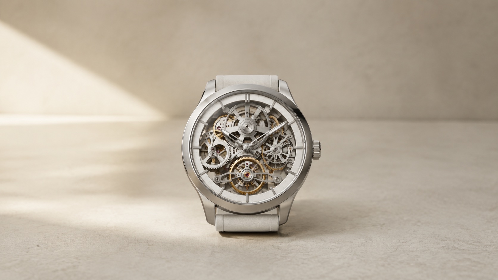 A mechanical watch with its coordinated internal gears visible.
