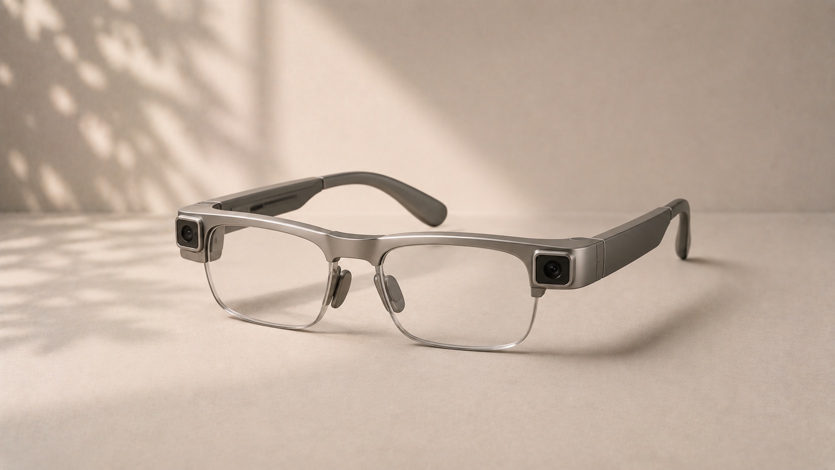 A pair of augmented-reality glasses with integrated cameras.