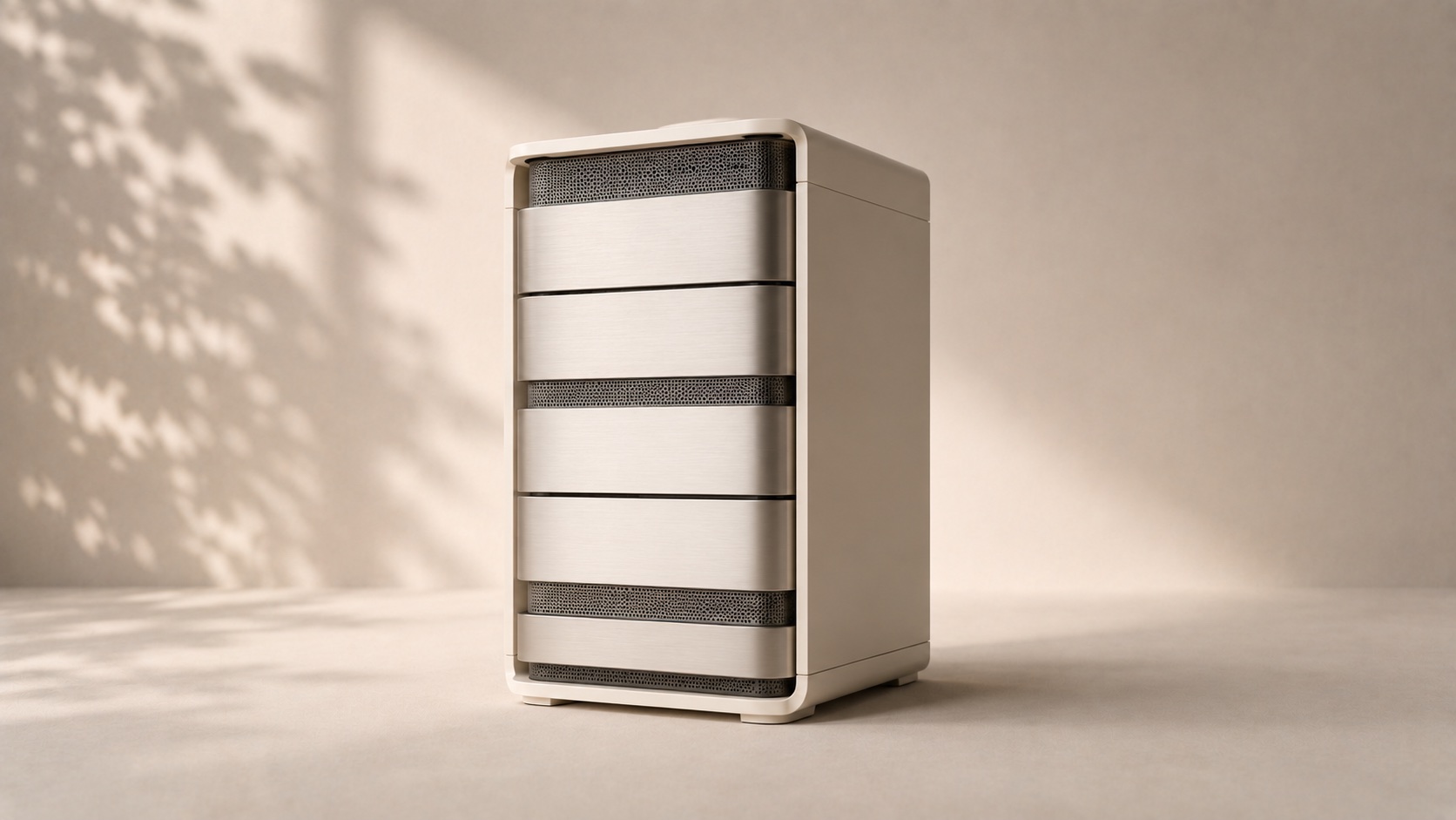 A compact modular server tower in warm neutral materials.