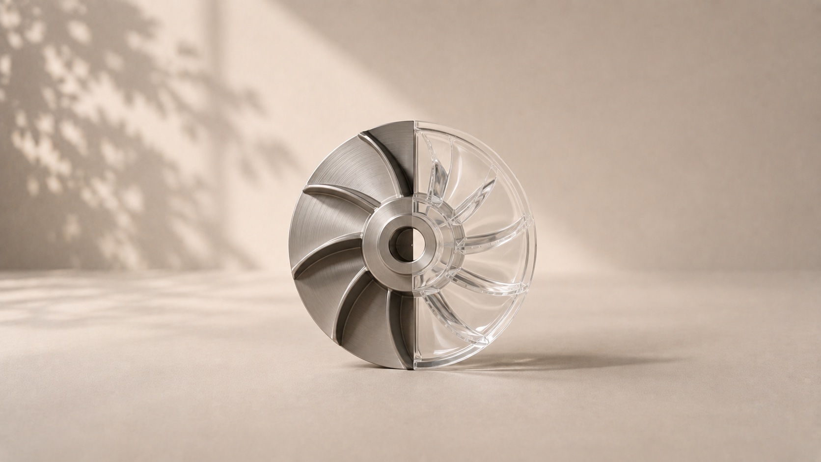 A turbine impeller divided into solid metal and transparent matching halves.