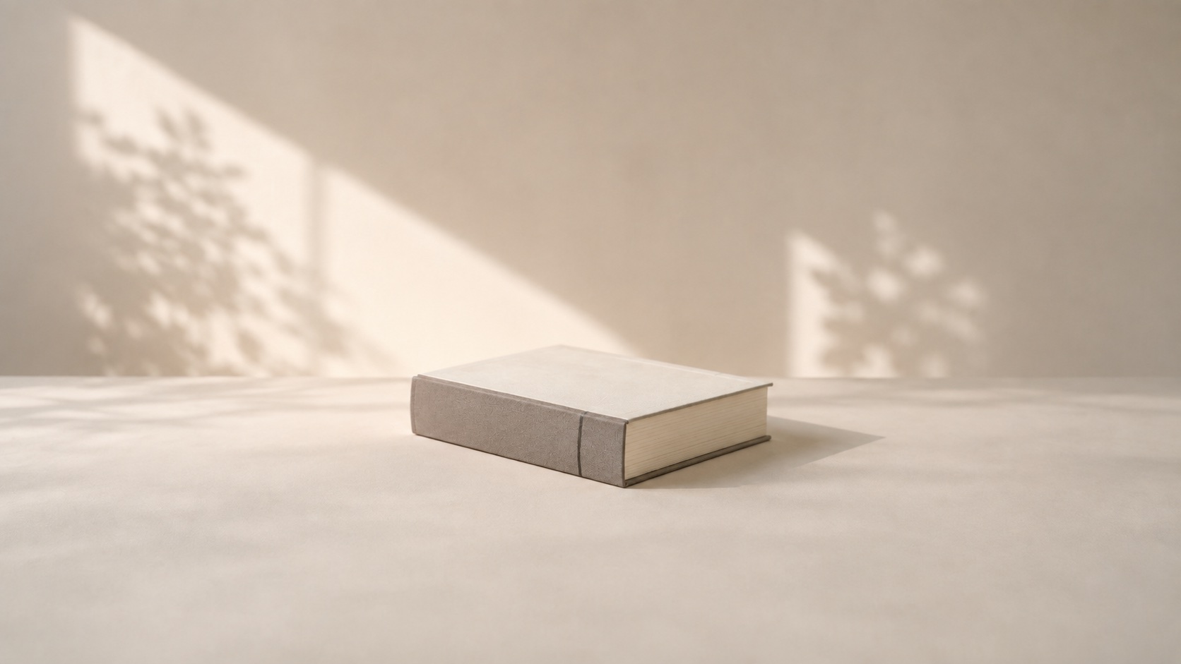 A closed clothbound book in a warm neutral studio.