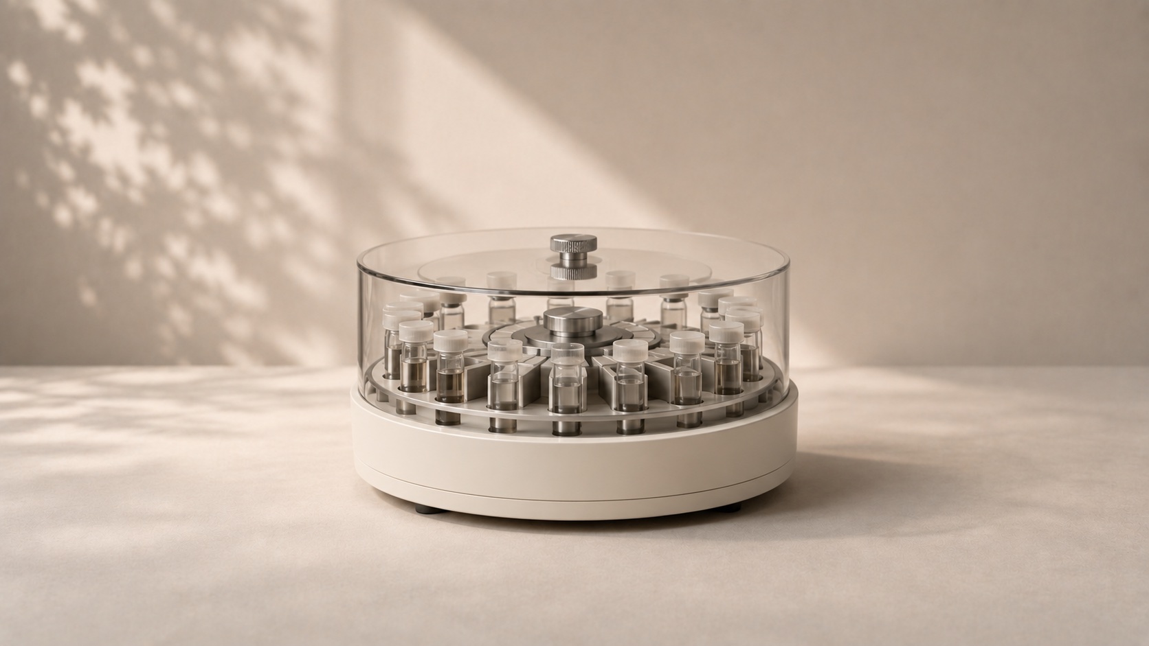A laboratory sample carousel holding capped sample tubes.