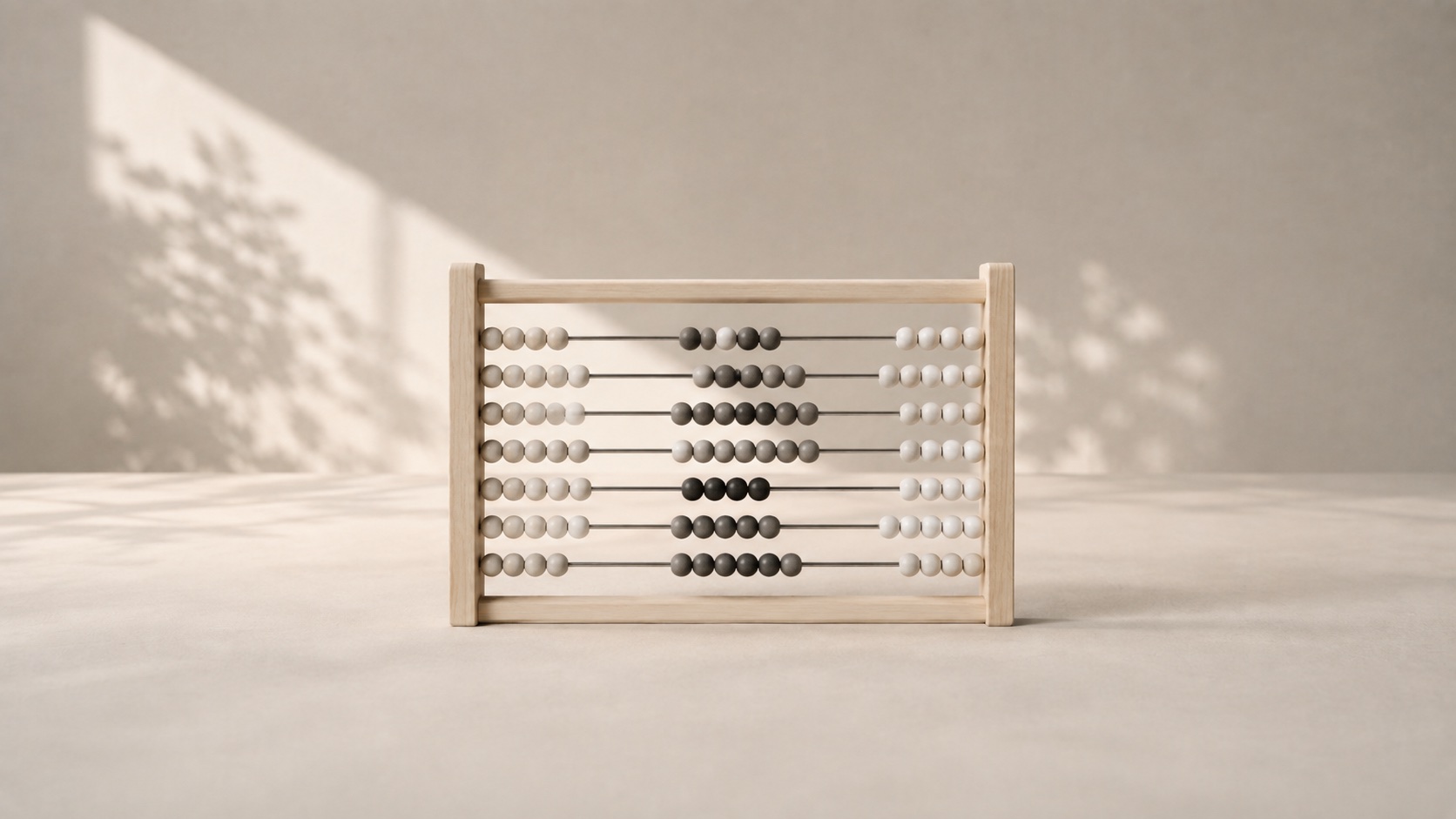 A pale wooden abacus with neutral beads arranged into patterns.