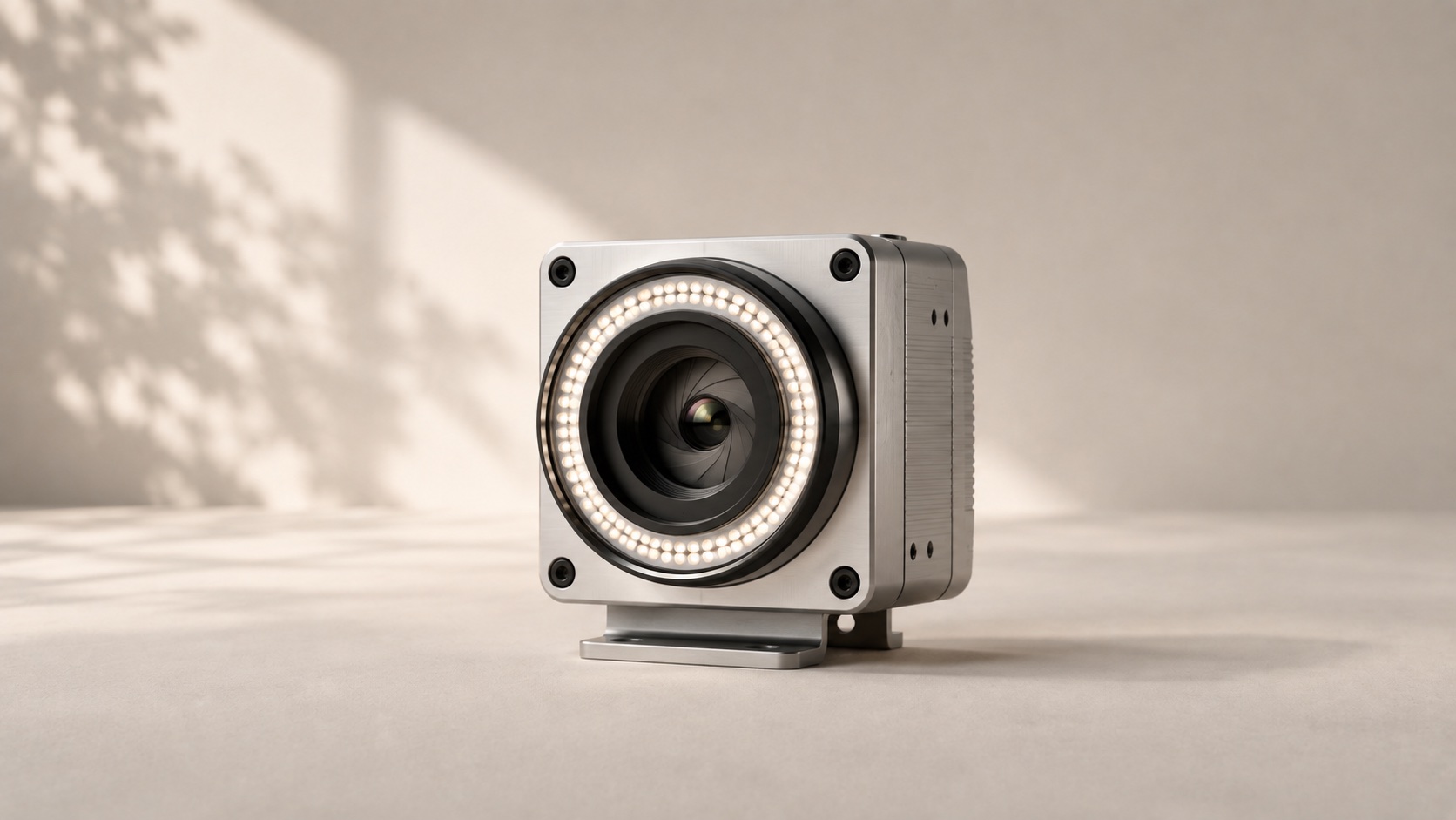 An industrial inspection camera with an integrated ring light.