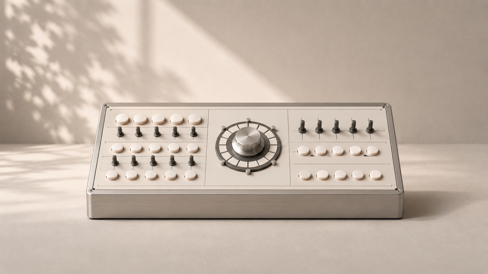 A production-control console with organized buttons, toggles, and a central dial.