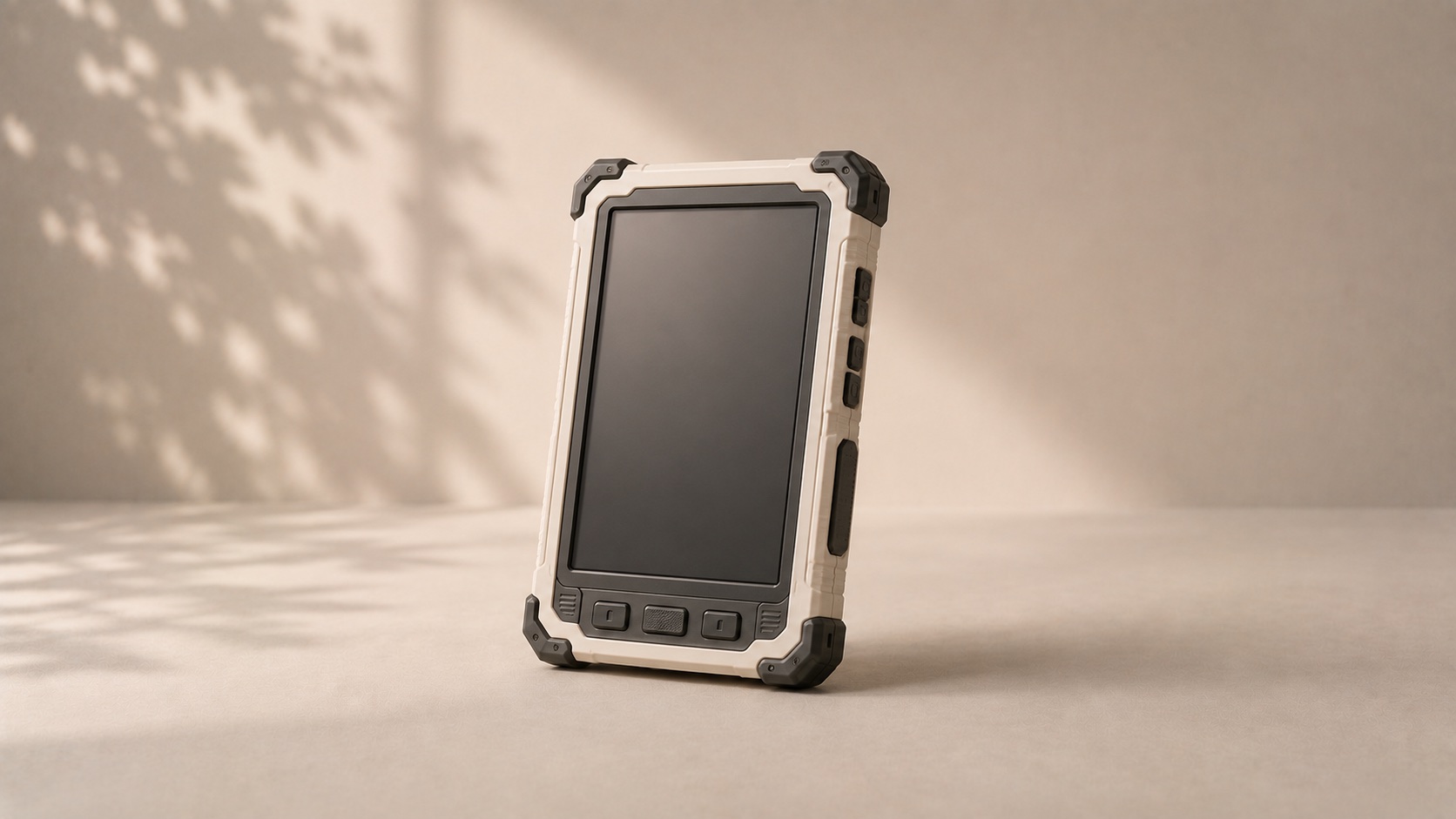 A rugged handheld tablet with reinforced corners and physical controls.