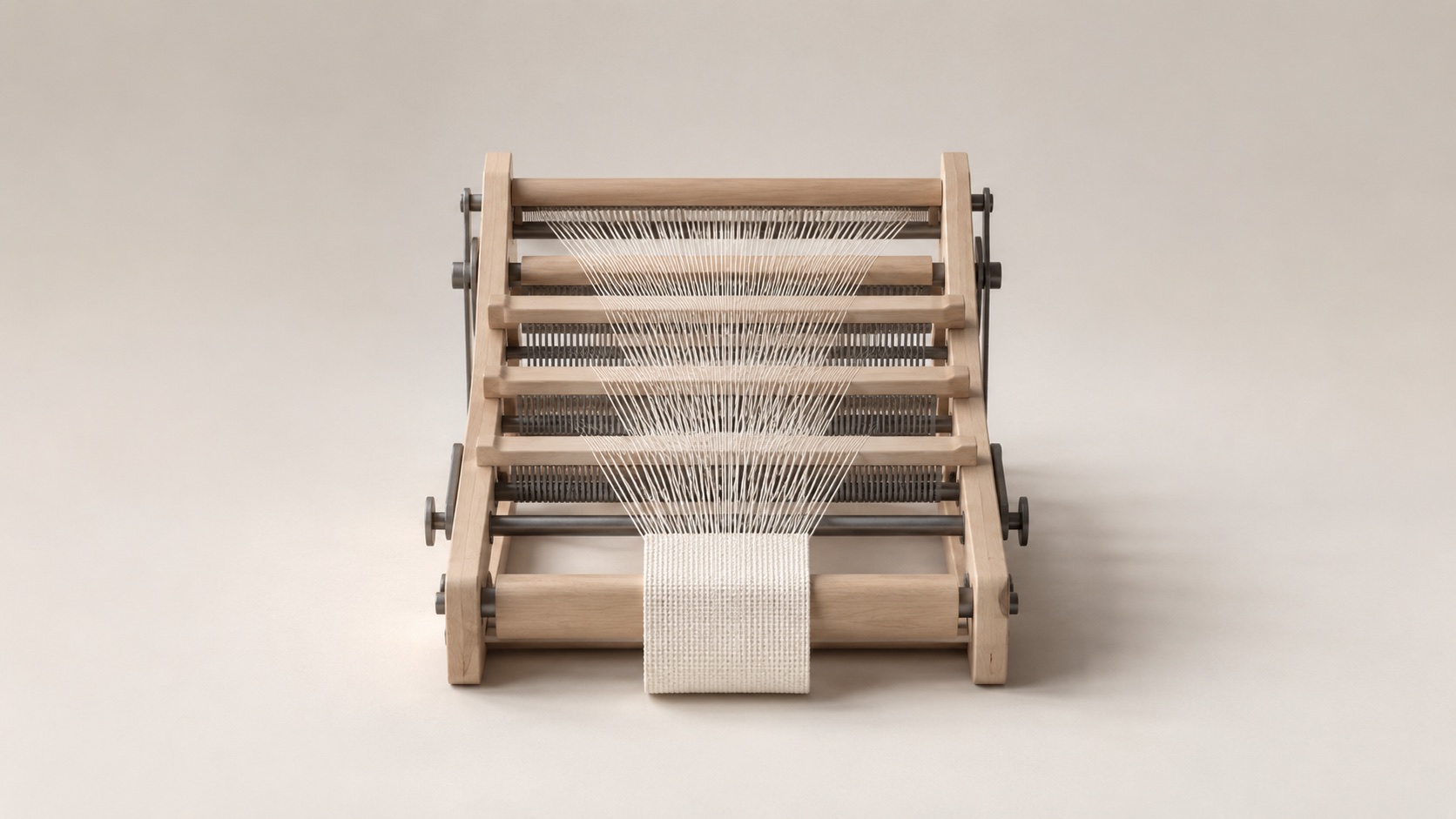 A wooden loom weaving many threads through successive layers.