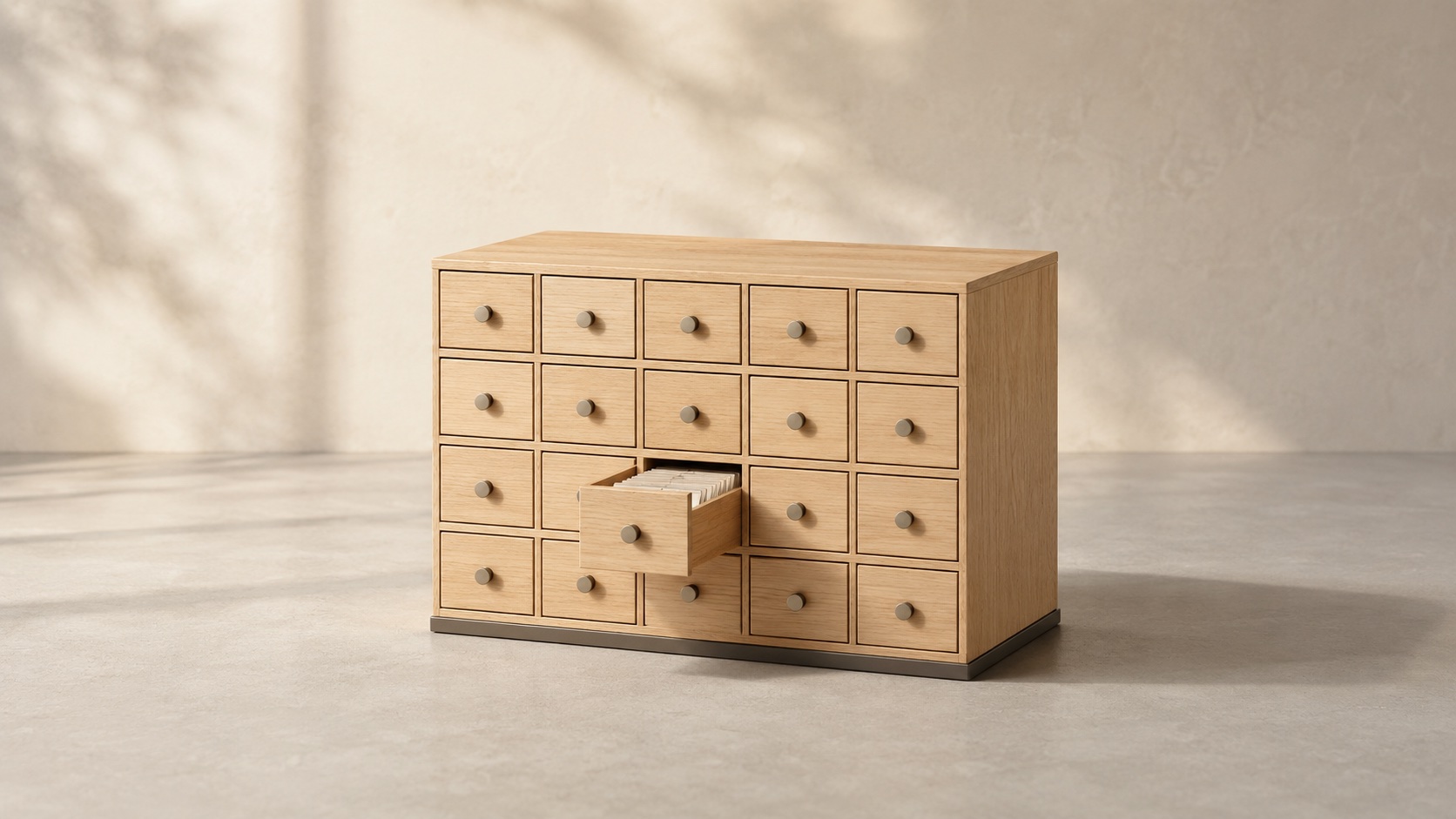 A wooden card catalogue with one drawer open.