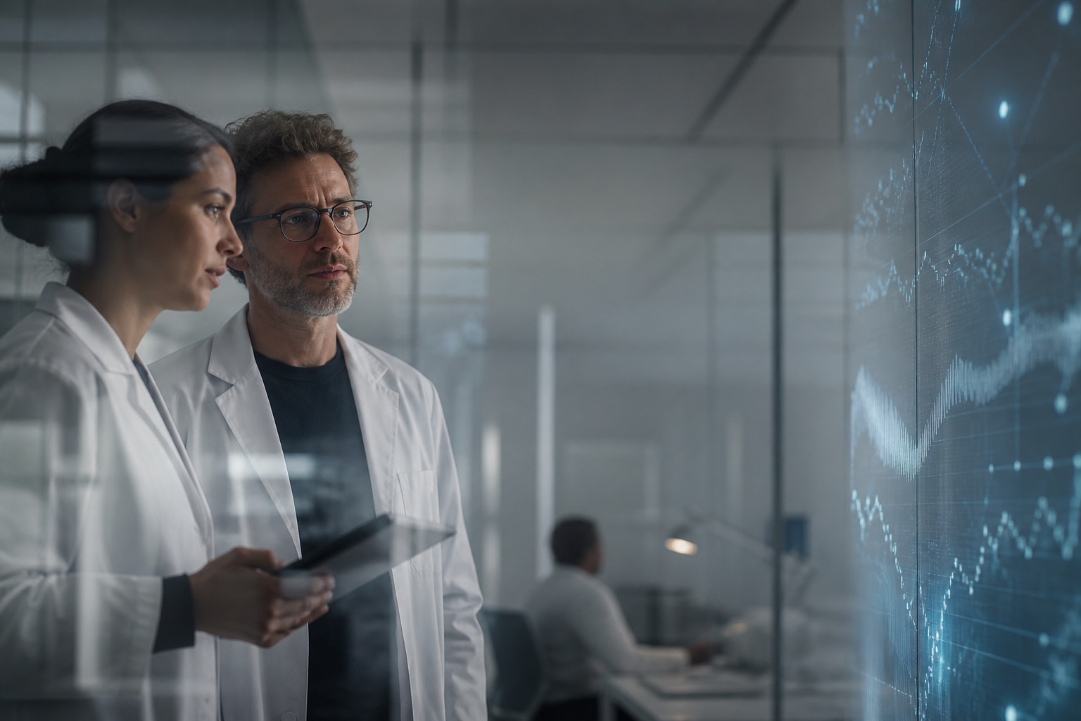 Clinical researchers reviewing AI-assisted trial intelligence