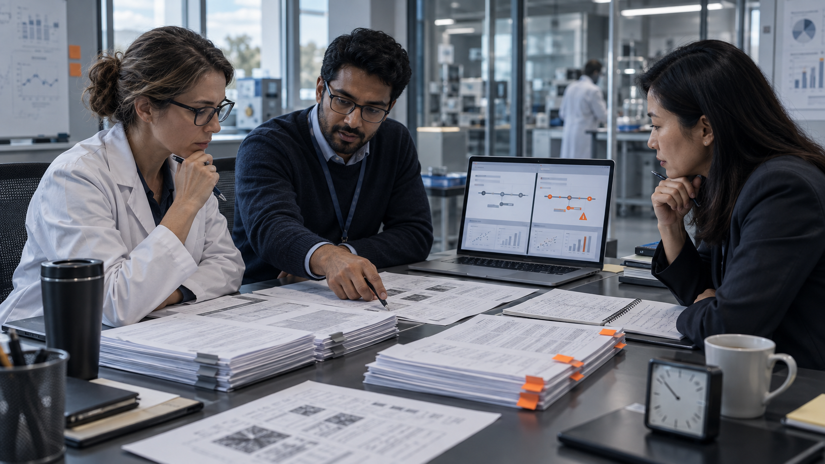 Three pharmaceutical professionals compare current and AI-supported workflow evidence